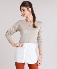 Sueter-Feminino-com-Sobreposicao-de-Camisa-em-Trico-Manga-Longa-Decote-Redondo-Kaki-8926740-Kaki_1