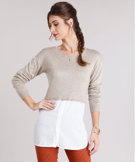 Sueter-Feminino-com-Sobreposicao-de-Camisa-em-Trico-Manga-Longa-Decote-Redondo-Kaki-8926740-Kaki_1