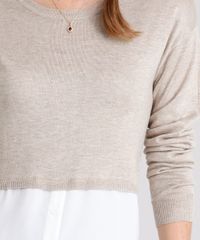 Sueter-Feminino-com-Sobreposicao-de-Camisa-em-Trico-Manga-Longa-Decote-Redondo-Kaki-8926740-Kaki_4