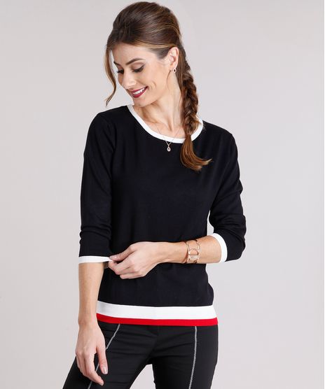 Sueter-Feminino-com-Listras-em-Trico-Manga-Longa-Decote-Redondo-Preto-8926196-Preto_1