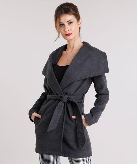 Casaco-Feminino-Longo-Gola-Ampla-em-Feltro-com-Faixa-de-Amarracao-Cinza-Mescla-Escuro-8866024-Cinza_Mescla_Escuro_1