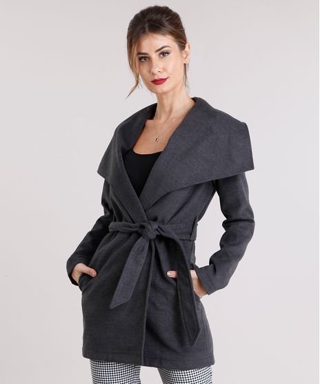 Casaco-Feminino-Longo-Gola-Ampla-em-Feltro-com-Faixa-de-Amarracao-Cinza-Mescla-Escuro-8866024-Cinza_Mescla_Escuro_1