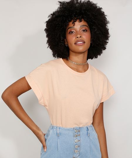 Blusa Feminina Básica Muscle Tee Manga Curta com Recorte Decote Redondo Laranja Claro - GG Menor preço em Blusa Feminina Básica Muscle Tee Manga Curta com Recorte Decote Redondo Laranja Claro - GG