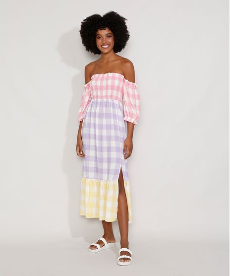 Vestido-Feminino-Midi-Ombro-a-Ombro-Estampado-Xadrez-Vichy-com-Lastex-e-Fenda-Manga-Bufante-Multicor-9982449-Multicor_1