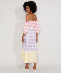 Vestido-Feminino-Midi-Ombro-a-Ombro-Estampado-Xadrez-Vichy-com-Lastex-e-Fenda-Manga-Bufante-Multicor-9982449-Multicor_2