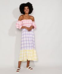 Vestido-Feminino-Midi-Ombro-a-Ombro-Estampado-Xadrez-Vichy-com-Lastex-e-Fenda-Manga-Bufante-Multicor-9982449-Multicor_3