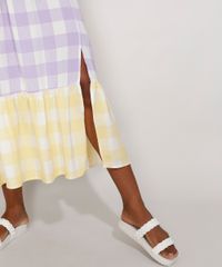 Vestido-Feminino-Midi-Ombro-a-Ombro-Estampado-Xadrez-Vichy-com-Lastex-e-Fenda-Manga-Bufante-Multicor-9982449-Multicor_5