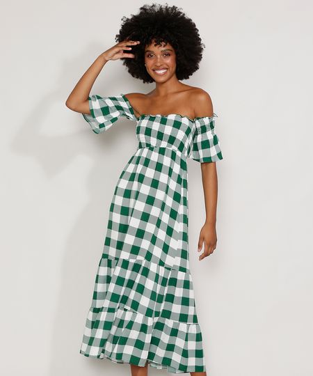 Vestido-Feminino-Midi-Ombro-a-Ombro-Estampado-Xadrez-Vichy-com-Lastex-e-Recortes-Manga-Curta-Verde-9986319-Verde_1