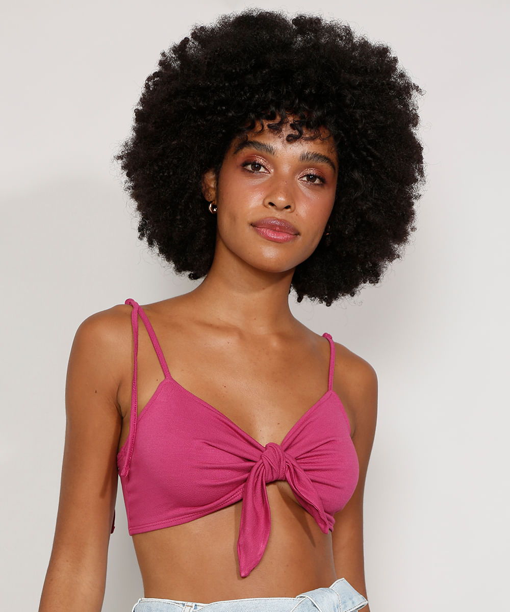 Top Cropped Feminino com Nó Alça Laço Decote V Roxo