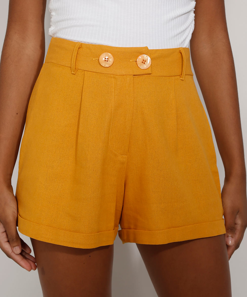 Short feminino alfaiataria cintura alta com linho