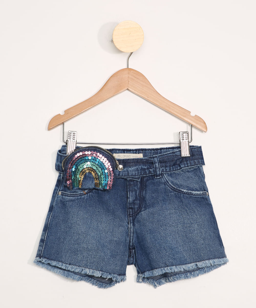 Short Jeans Infantil com Cinto e Pochete de Paetês Azul Médio