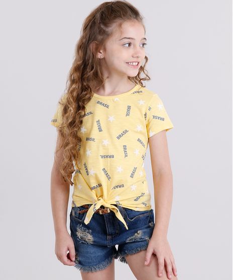 Blusa-Infantil-Brasil-Estampada-de-Estrelas-com-No-Manga-Curta-Decote-Redondo-em-Algodao---Sustentavel-Amarela-9169157-Amarelo_1
