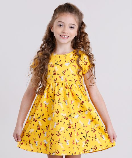 Vestido-Infantil-Estampado-Floral-em-Jacquard-Manga-Curta-Amarelo-8911820-Amarelo_1