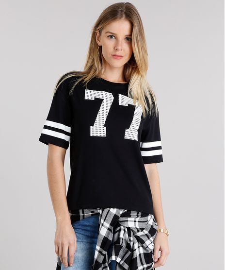 Blusa-Feminina-Esportiva--77--com-Listras-Manga-Curta-Decote-Redondo-Preta-9129699-Preto_1