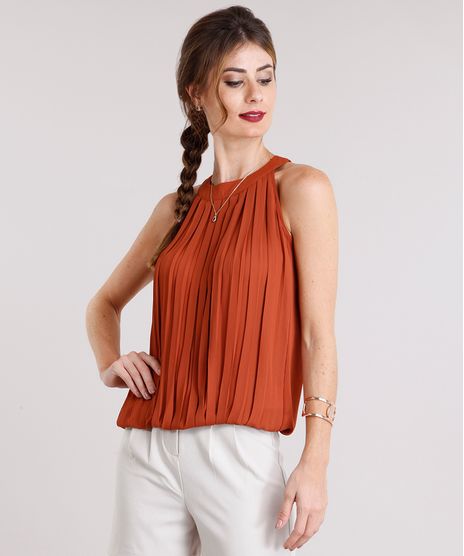 Regata-Feminina-Halter-Neck-com-Pregas-Decote-Redondo-Laranja-Escuro-8932850-Laranja_Escuro_1