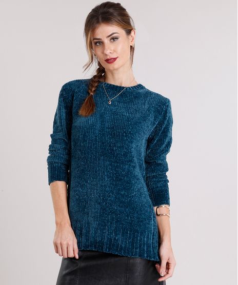 Sueter-Feminino-Longo-em-Trico-de-Chenille-com-Fendas-Manga-Longa-Verde-Escuro-8835140-Verde_Escuro_1