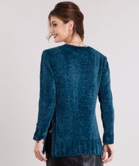 Sueter-Feminino-Longo-em-Trico-de-Chenille-com-Fendas-Manga-Longa-Verde-Escuro-8835140-Verde_Escuro_2