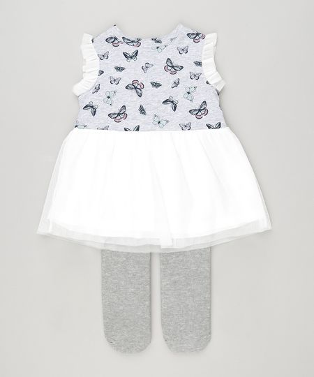 Vestido-Infantil--Estampado-de-Borboletas-com-Tule-e-Babado-Sem-Manga---Meia-Calca--Cinza-Mescla-8820641-Cinza_Mescla_1