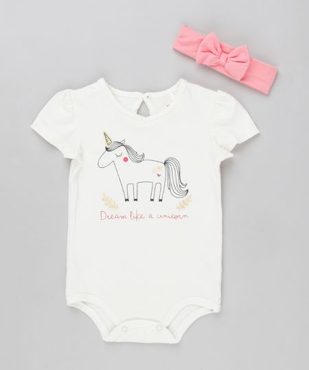 Body-Infantil-Unicornio-Manga-Curta-Decote-Redondo---Faixa-de-Cabelo-com-Laco-em-Algodao---Sustentavel-Off-White-9137710-Off_White_1