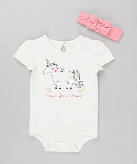 Body-Infantil-Unicornio-Manga-Curta-Decote-Redondo---Faixa-de-Cabelo-com-Laco-em-Algodao---Sustentavel-Off-White-9137710-Off_White_1