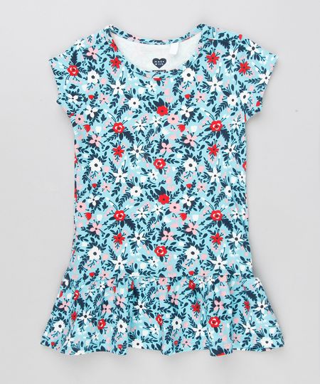 Vestido-Infantil-Estampado-Floral-com-Babado-Manga-Curta-Decote-Redondo-em-Algodao---Sustentavel-Azul-Claro-9152667-Azul_Claro_1
