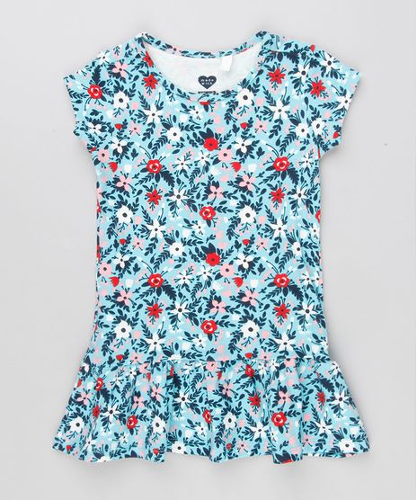 Vestido-Infantil-Estampado-Floral-com-Babado-Manga-Curta-Decote-Redondo-em-Algodao---Sustentavel-Azul-Claro-9152667-Azul_Claro_1