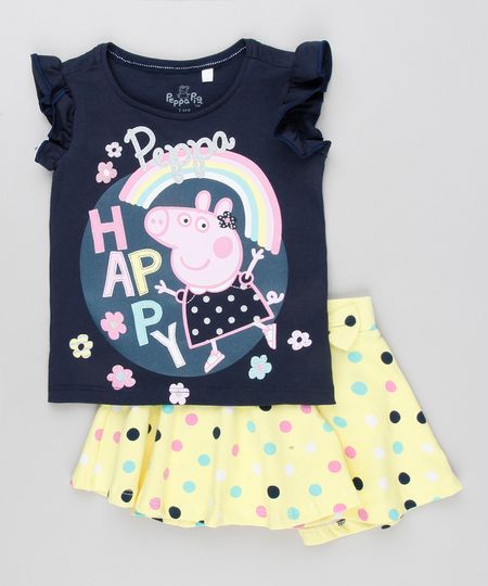 Conjunto-Infantil-de-Blusa-Peppa-Pig-Manga-Curta-Azul-Marinho---Short-Saia-Estampado-de-Poa-com-Laco-em-Algodao---Sustentavel-Amarelo-9079362-Amarelo_1