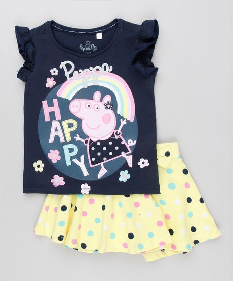 Conjunto-Infantil-de-Blusa-Peppa-Pig-Manga-Curta-Azul-Marinho---Short-Saia-Estampado-de-Poa-com-Laco-em-Algodao---Sustentavel-Amarelo-9079362-Amarelo_1