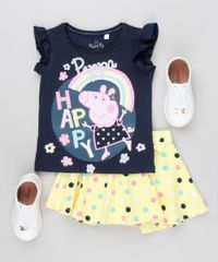 Conjunto-Infantil-de-Blusa-Peppa-Pig-Manga-Curta-Azul-Marinho---Short-Saia-Estampado-de-Poa-com-Laco-em-Algodao---Sustentavel-Amarelo-9079362-Amarelo_3