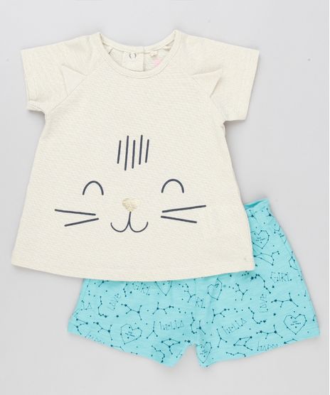 Conjunto-Infantil-de-Blusa-Gatinho-com-Orelhinhas-Bege-Claro---Short-Estampado-de-Constelacoes-em-Algodao---Sustentavel-Verde-8915355-Verde_1