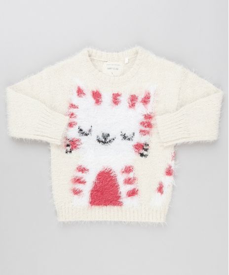 Sueter-Infantil-Gato-em-Trico-Desfiado-Manga-Longa-Decote-Redondo-Bege-8886396-Bege_1
