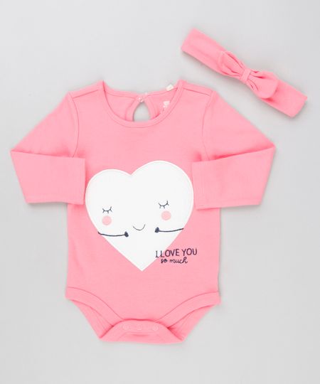 Body-Infantil-Coracao-com-Bordado-Manga-Longa-Decote-Redondo---Faixa-de-Cabelo-com-Laco-em-Algodao---Sustentavel-Rosa-8908929-Rosa_1