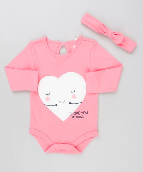Body-Infantil-Coracao-com-Bordado-Manga-Longa-Decote-Redondo---Faixa-de-Cabelo-com-Laco-em-Algodao---Sustentavel-Rosa-8908929-Rosa_1