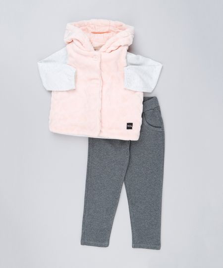 Conjunto-Infantil-de-Colete-de-Pelo-com-Capuz-Rosa---Blusa-com-Laco-Manga-Longa-Cinza-Mescla---Calca--Cinza-Mescla-Escuro-8898277-Cinza_Mescla_Escuro_1
