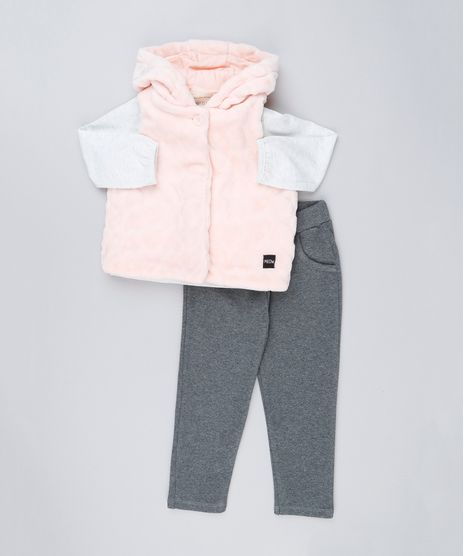Conjunto-Infantil-de-Colete-de-Pelo-com-Capuz-Rosa---Blusa-com-Laco-Manga-Longa-Cinza-Mescla---Calca--Cinza-Mescla-Escuro-8898277-Cinza_Mescla_Escuro_1