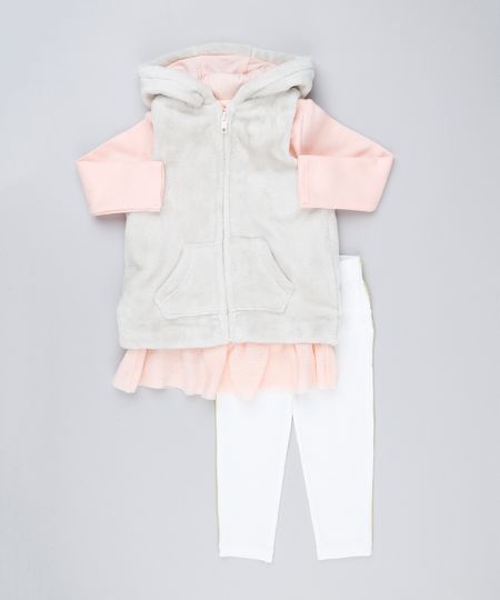 Conjunto-Infantil-de-Colete-de-Pelo-com-Capuz---Blusa-Manga-Longa-com-Tule-Coral---Calca-Legging-com-Vivo-Off-White-8898283-Off_White_1