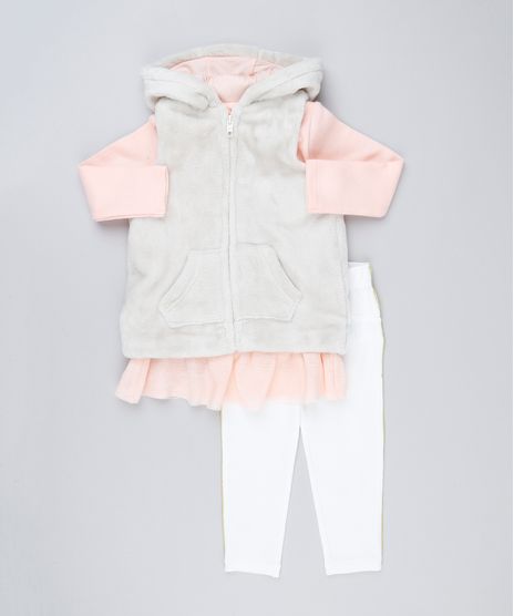 Conjunto-Infantil-de-Colete-de-Pelo-com-Capuz---Blusa-Manga-Longa-com-Tule-Coral---Calca-Legging-com-Vivo-Off-White-8898283-Off_White_1