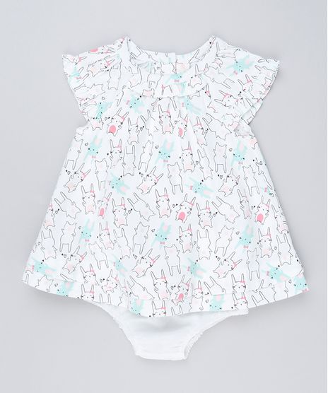 Vestido-Infantil--Estampado-de-Coelhos-com-Babado-Manga-Curta---Meia-Calca-em-Algodao---Sustentavel-Branco-8935396-Branco_1