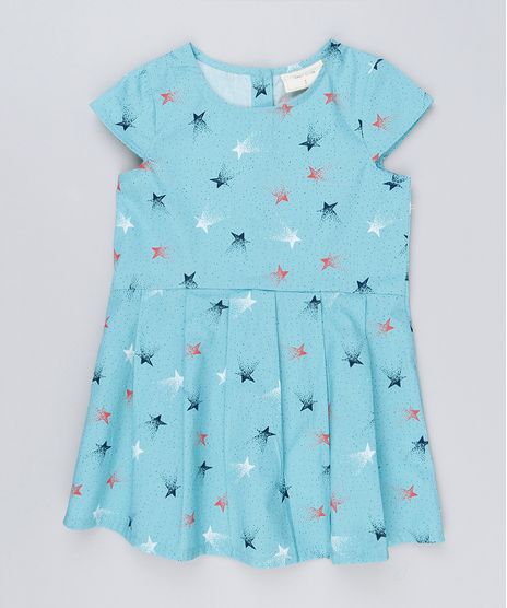 Vestido-Infantil-Estampado-de-Estrelas-Com-Pregas-Manga-Curta-Decote-Redondo---Meia-Calca-Azul-Claro-8877283-Azul_Claro_1