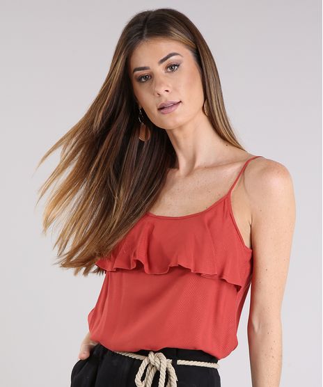 Regata-Feminina-Texturizada-com-Babado-de-Alca-Fina-Laranja-Escuro-8938225-Laranja_Escuro_1