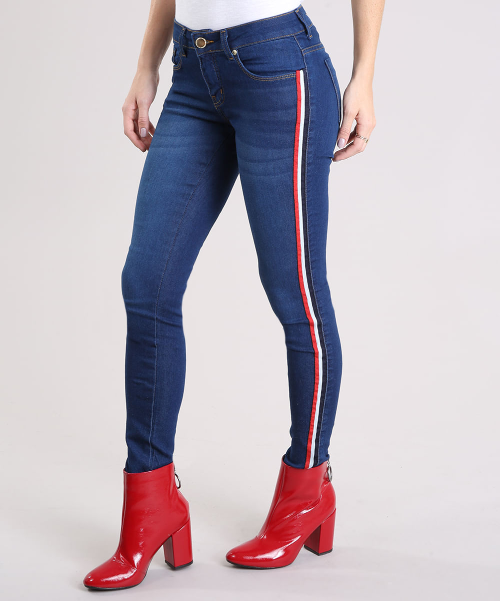 calça jeans com listra lateral feminina