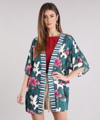 Kimono-Feminino-Estampado-de-Folhagem-manga-Curta-Verde-Escuro-8933729-Verde_Escuro_1