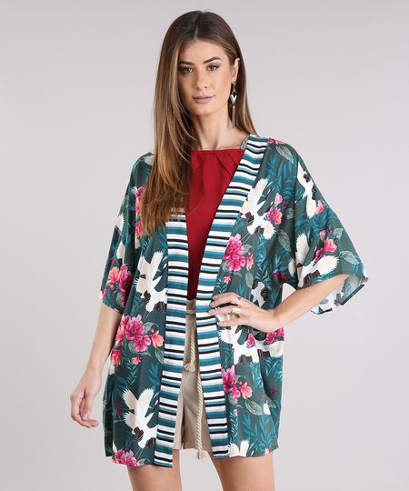 Kimono-Feminino-Estampado-de-Folhagem-manga-Curta-Verde-Escuro-8933729-Verde_Escuro_1