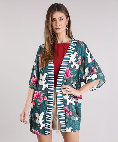 Kimono-Feminino-Estampado-de-Folhagem-manga-Curta-Verde-Escuro-8933729-Verde_Escuro_1
