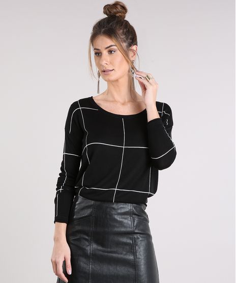 Sueter-Feminino-Estampado-Geometrico-em-Trico-com-Fendas-Decote-Redondo-Preto-8874215-Preto_1