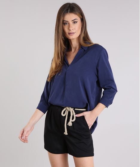 blusa manga longa azul feminina