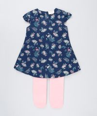 Vestido-Infantil-Estampado-Floral-Manga-Curta-Decote-Redondo---Meia-Calca-Azul-Marinho-8877307-Azul_Marinho_1
