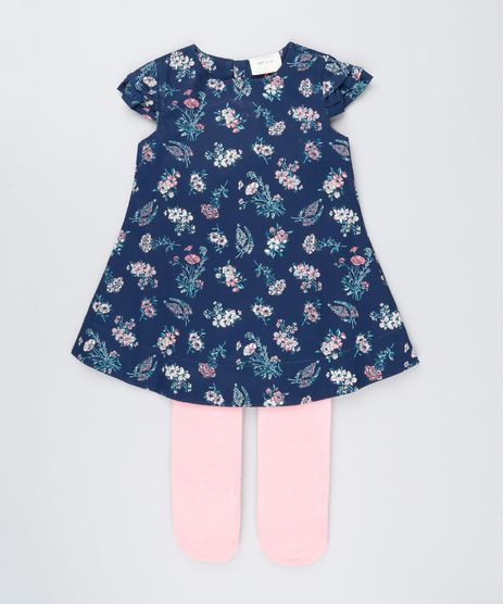 Vestido-Infantil-Estampado-Floral-Manga-Curta-Decote-Redondo---Meia-Calca-Azul-Marinho-8877307-Azul_Marinho_1