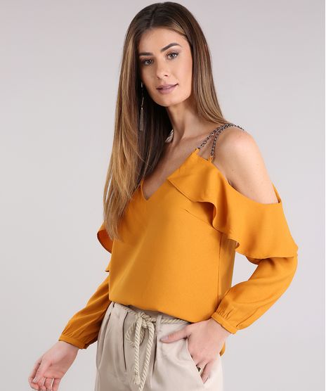 Blusa-Feminina-Open-Shoulder-com-Correntes-Manga-Longa-Babados-Amarelo-Escuro-9011122-Amarelo_Escuro_1