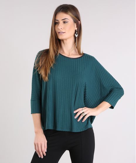 Blusa-Feminina-Manga-Morcego-Canelada-Ampla-Verde-Escuro-8965640-Verde_Escuro_1
